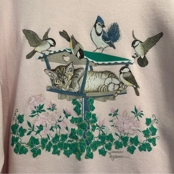 Vintage Morning Sun Crewneck Sweatshirt Womens Large Napping Kitty Birds Floral - Picture 1 of 8